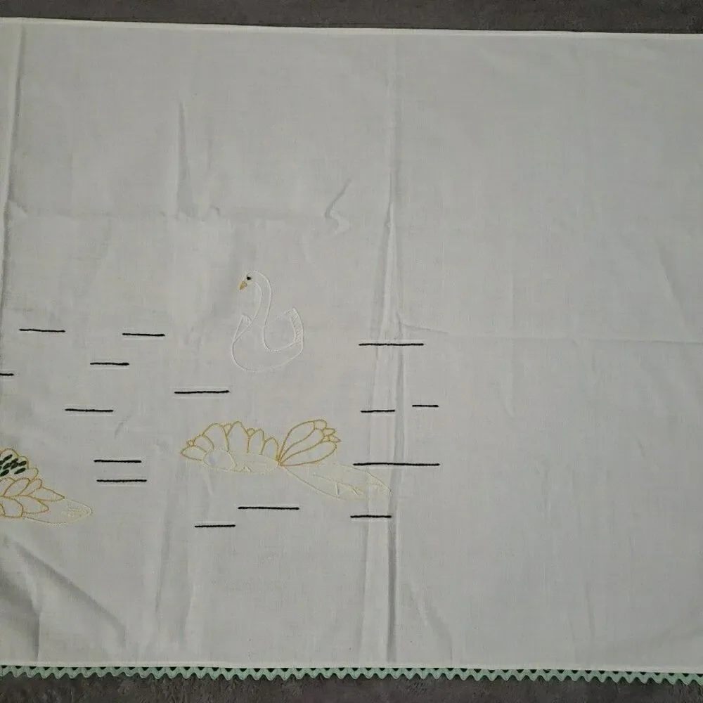 Embroidered Table Runner Swans Lilly Pad Mint Green Rick Rack 25